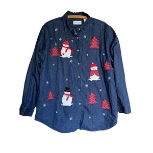 Westbound Christmas Winter Theme‎ Denim Button Up Shirt Size L Grandma Teacher